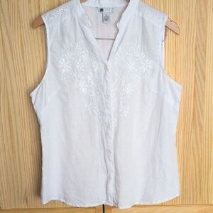 Carole Little White Embroidered Button-Down Linen Blouse Size XL